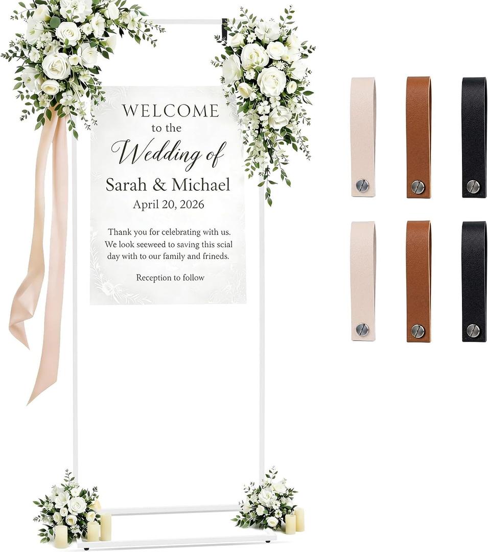 Wedding Welcome Sign Stand, 79" Extra-Tall Height - White Metal Sign Holder with 6 Leather Straps, Easel Stand for Seating Charts & Event Décor