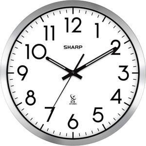 Sharp Atomic Analog Wall Clock - 12" Silver Brushed Finish - Sets Automatically- Battery Operated - Easy to Read - Easy to Use Modern Design and Style