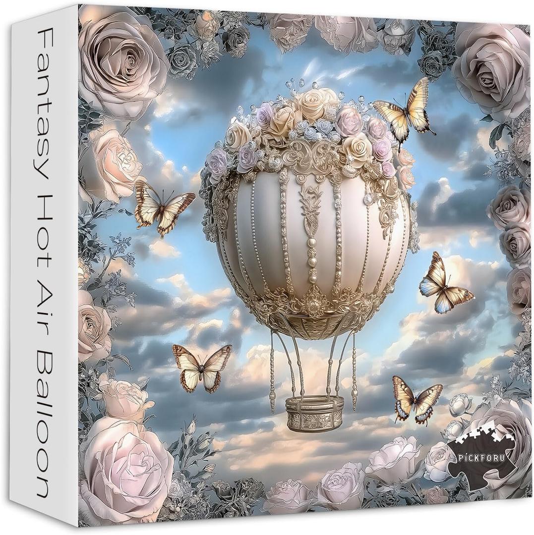 Hot Air Balloon Puzzle 1000 Pieces, PICKFORU Fantasy Butterfly Rose Flower Jigsaw Puzzle, Impossible Unique Nature Art Theme, Challenging for Adults