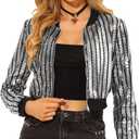 Allegra K Women's Sequin Long Sleeve Shiny Party Zip-Up Bomber Cropped Jacket (Medium)
