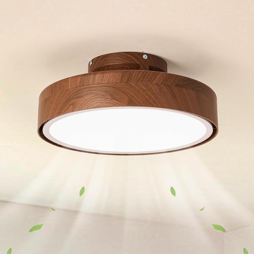 Modern Bladeless Ceiling Fan with Light and Remote, 17.7 Flush Mount Enclosed Chandelier Fans, Stepless Dimming LED Ceiling Fan Light for Bedroom Living Room, Walnut