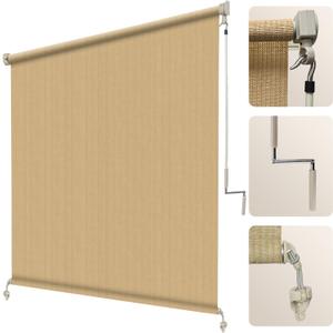Artpuch Outdoor Roller Shade 7' W x 8' H, Sesame Exterior Cordless Patio Shades Roll Up Blinds with Spliced Pole Design, (2 Poles, One-Piece Fabric), 84"W x 96"H