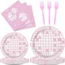 96PCS Pink Silver Disco Party Plates Napkins Disco Birthday Decoration 70s Theme Disposable Paper Cake Tableware Serve 24 Guests Women Girls Baby Shower Bachelorette Wedding Birthday Party Favor