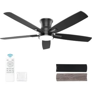 YUHAO 52 Inch Flush Mount Black Ceiling Fan with Light and Remote Control.Noiseless,Dimmable,3CCT,6 Speeds Reversible, Low Profile DC Ceiling Fans for Indoor or Covered Outdoor Use,ETL Listed