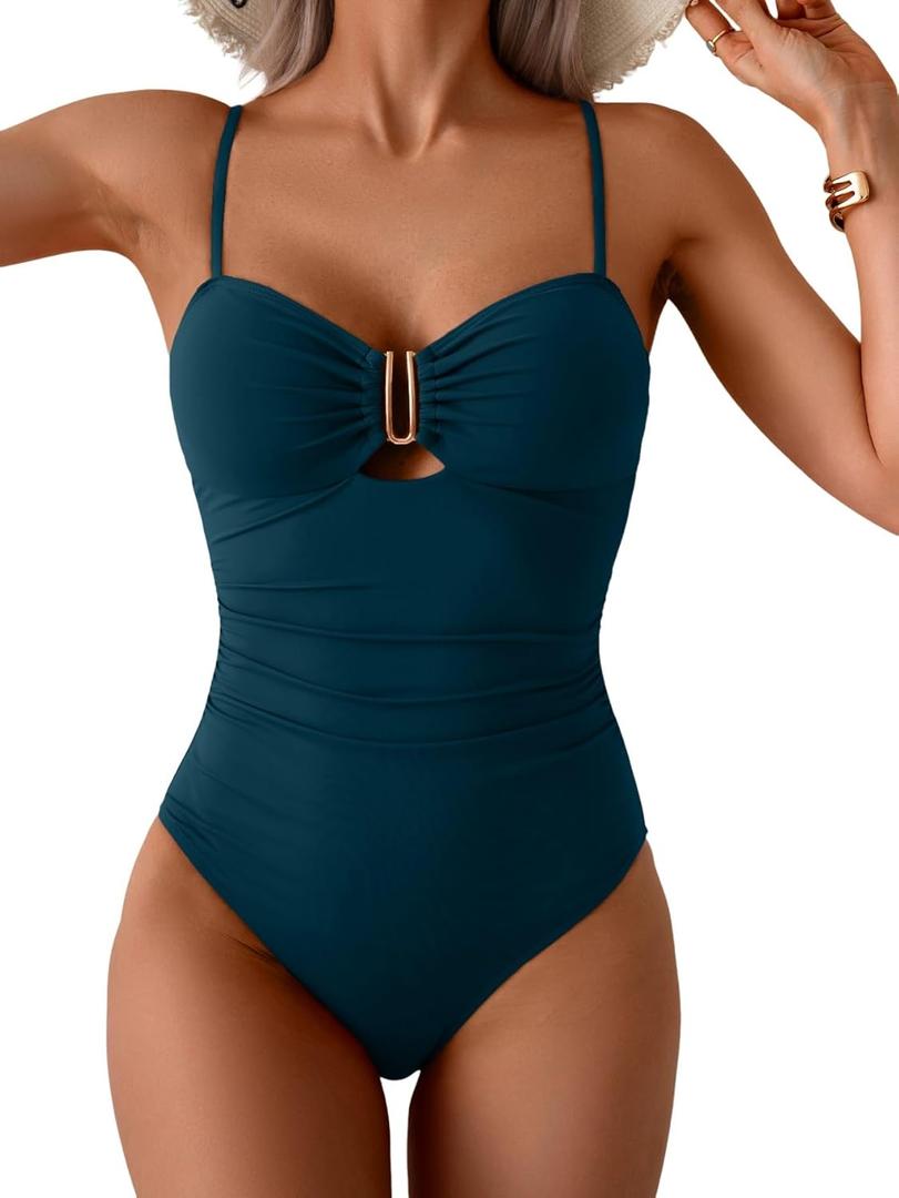 Eomenie One Piece Swimsuit for Women Tummy Control Ruched Bathing Suit Cutout U Wire Swim Suits (XX-Large, Peacock Green)