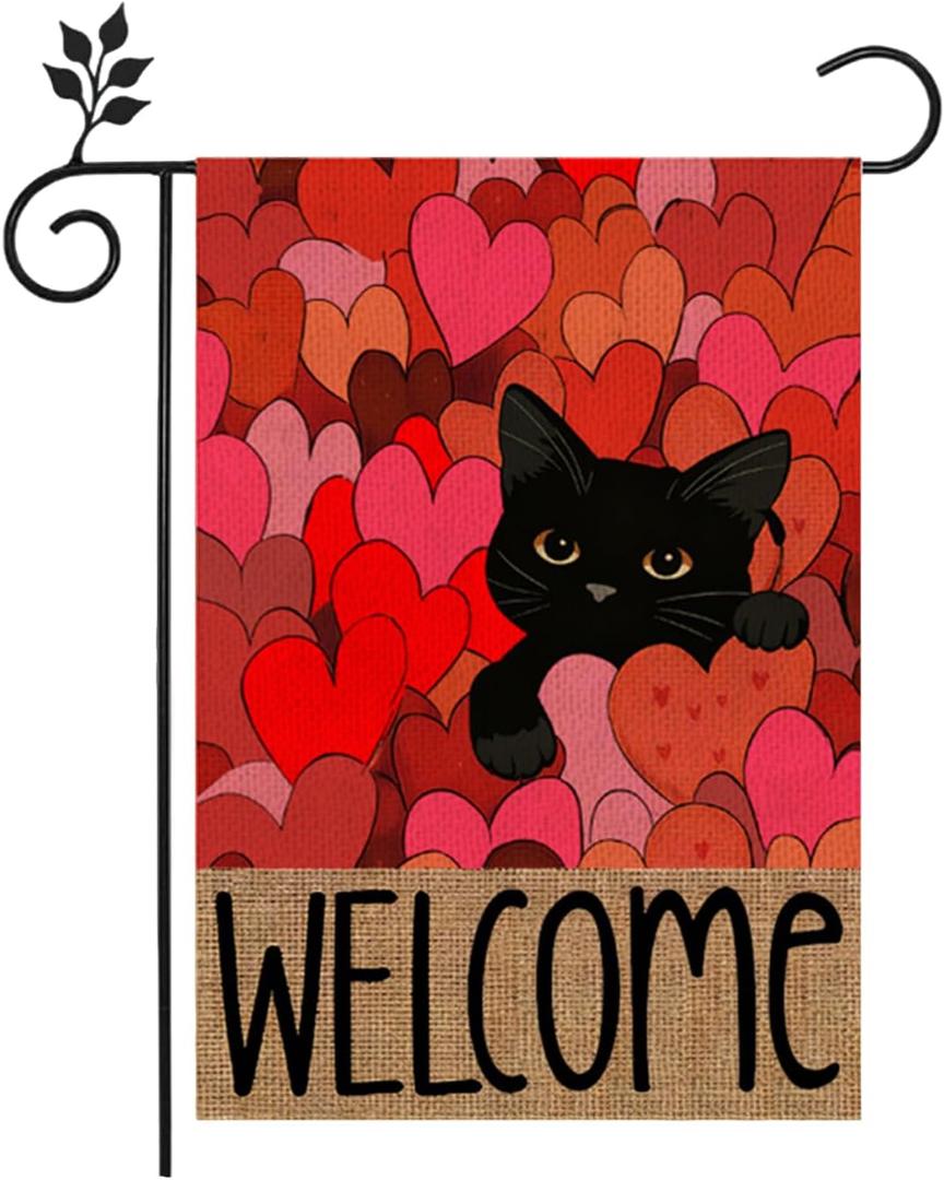 2 x Valentines Day Garden Flag 12x18 Inch Double Sided Outside, Black Cat Love Hearts Welcome Outdoor decoration Valentines Party wedding Decoration flag