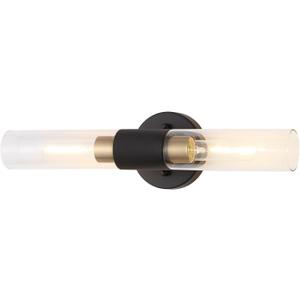 BYOLIIMA Modern Knurled Texture Wall Sconce Clear Glass Shade Modern Gold Black Bathroom Vanity Light Fixtures 2-Lights Mid Century Wall Light for Mirror Living Room Hallway E26 T10 Bulbs(Excluded)