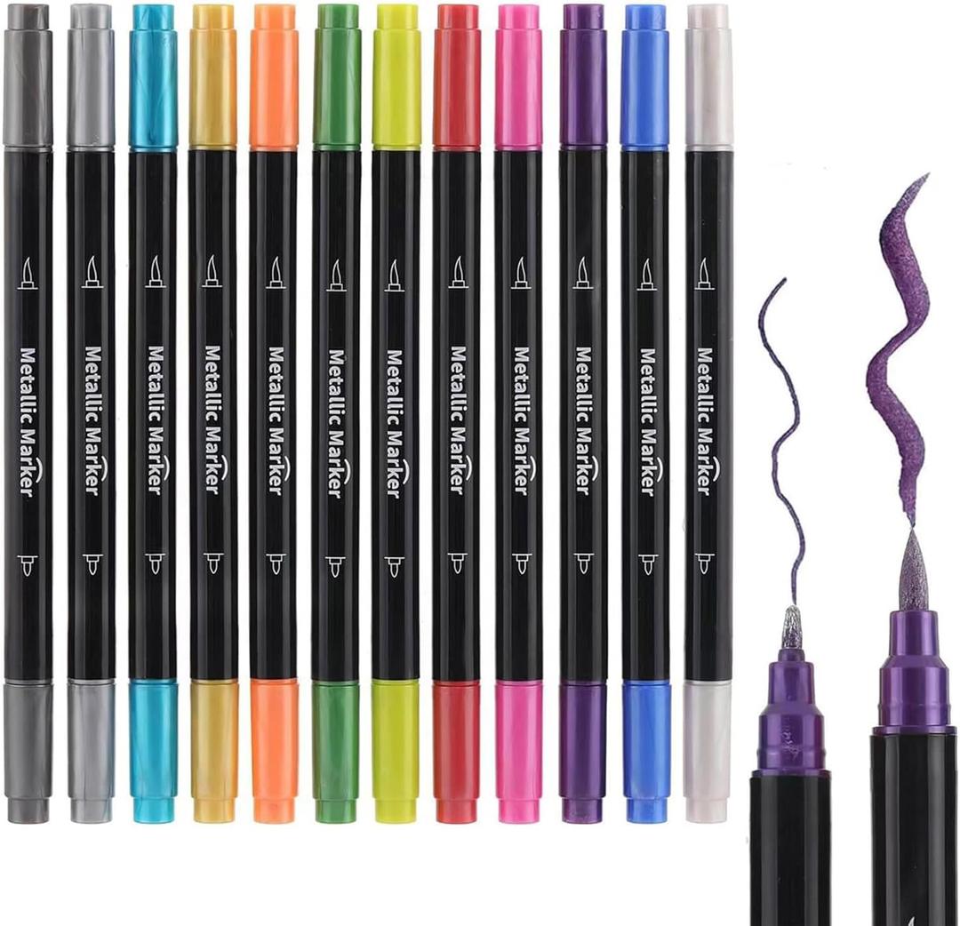 Colourcolor 12 Colors Metallic Marker Pens, Dual Tip Brush & Fine Point Pens for DIY Album, Black Cards, Rock Painting, Card Making, Scrapbooking, Fabric, Metal, Ceramics
