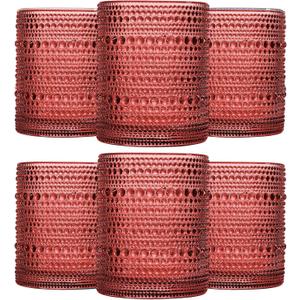 Red Vintage Hobnail Drinking Glasses Set of 6, Embossed Water Tumbler 12oz, Kitchen & Bar Beaded Glass Cups, Beverage Glass Cups for Water, Beer, Juice, Cocktail Glassware, Red