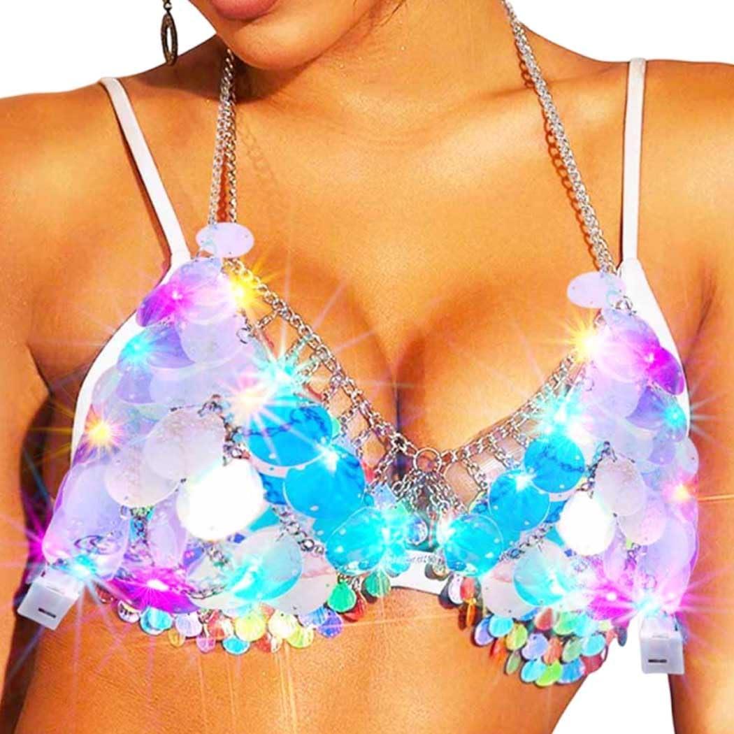 Zoestar Light Up Sequin Bra Glow Rave Featival Outfit for Women (One Size, Colorful)