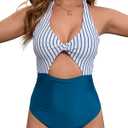 Women's One Piece Swimsuits Tummy Control Cutout High Waisted Bathing Suit Wrap Tie Back V Neck Swimwear (Blue, XL)