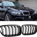 E90 Grille, Front Kidney Grill Compatible with BMW 3 Series 2009-2011 E90 E91 (Double Slats Gloss Black Grills, 2pcs)