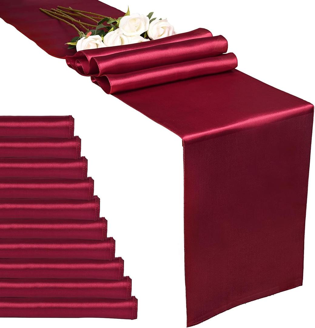 10-Pack Burgundy Satin Table Runner 12 x 108 inches Long Premium Silk and Smooth Fabric Table Runner for Wedding, Decorations for Birthday Parties, Banquets, Graduations, Engagements