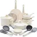 GreenLife Soft Grip 16 Piece Cookware Set, Non-Toxic PFAS-Free Ceramic Nonstick, Frying, Sauce, Saute, Utensils, Glass Lids, Stay-Cool Handles, Wobble Free, Dishwasher & Oven Safe, Cream