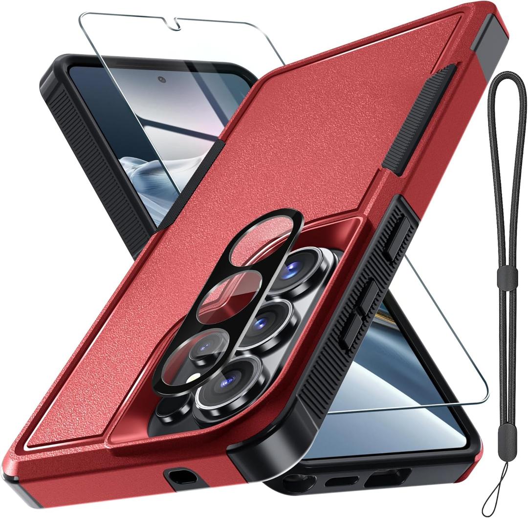 Samsung Galaxy S26 Ultra Case with Screen Protector+Camera Lens Cover,Military Grade Heavy Duty Shockproof Phone Cover with Wrist Lanyard Strap for Samsung S26Ultra,Red