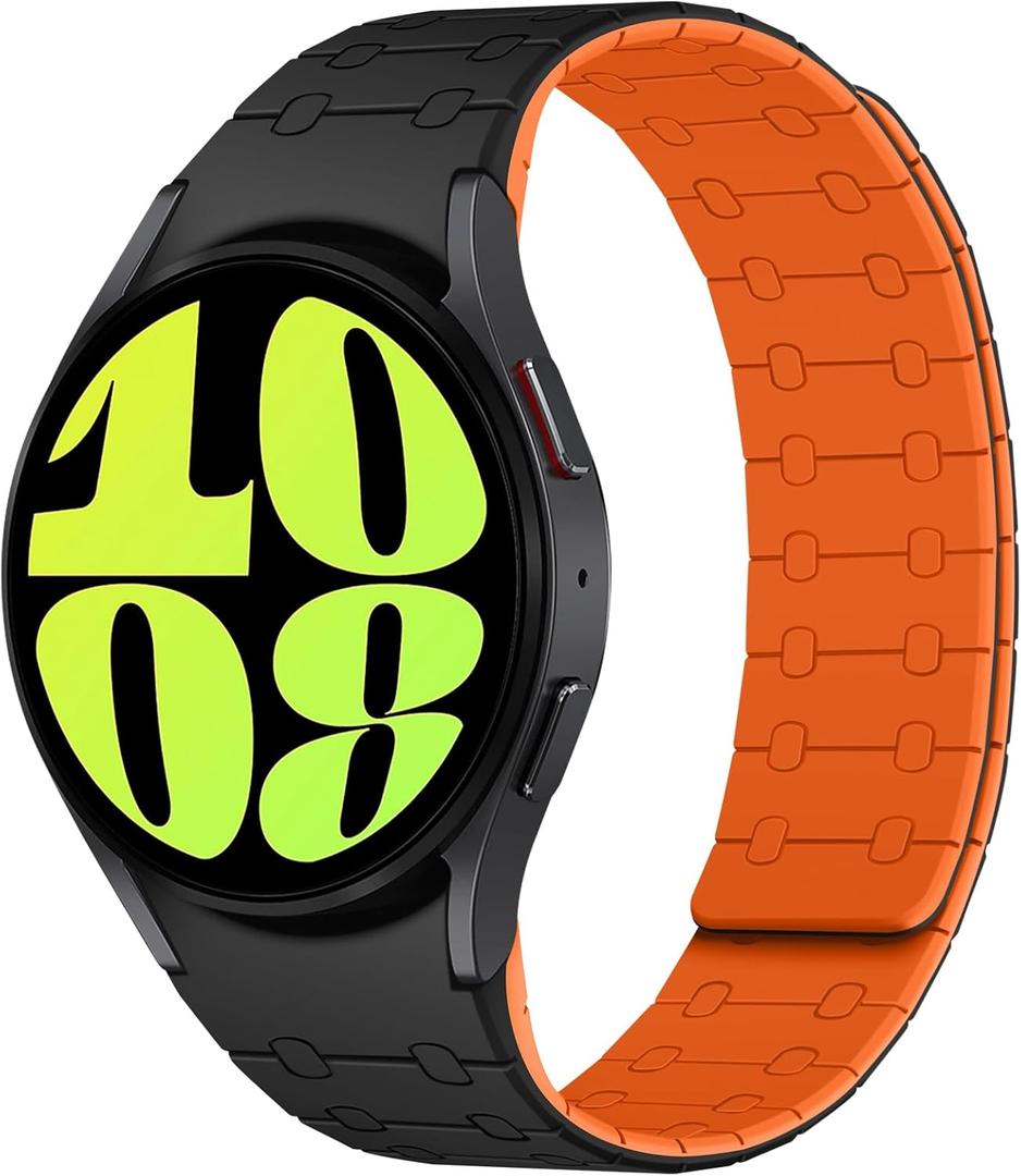 Amizee No Gap Bands Compatible with Samsung Galaxy Watch 7 6 5 4 FE Band 40mm 44mm/Watch 6 Classic 43mm /Watch 5 Pro 45mm/Watch 4 Classic, 20mm Magnetic Silicone Strap for Women Men, Black/Orange