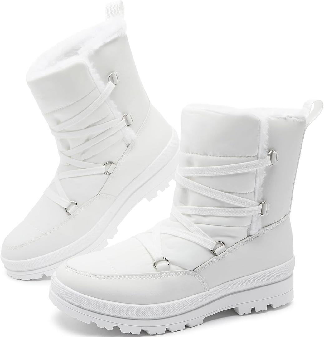Rominz Women's Winter Snow Boots - Waterproof Black Fur Lined Warm Mid Calf Non-Slip Ankle Boots - White Lace-Up Platform (8)
