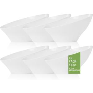 bUCLA 12 Pack White Plastic Serving Bowls - 54 OZ Angled Table Salad and Fruit Bowls Disposable for Chip&Candy - Ideal for Party & Wedding