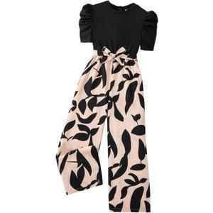 WDIRARA Girls's Casual Graphic Puff Sleeve Bow Belted Wide Leg Jumpsuit (11Y, Black)