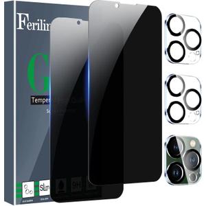 Ferilinso for iPhone 13 Pro Privacy Screen Protector, 2 Pack 9H Anti Spy Tempered Glass with 2 Pack Camera Lens Protector, Case Friendly, Bubble Free, 5G 6.1 Inch, Easy Installation