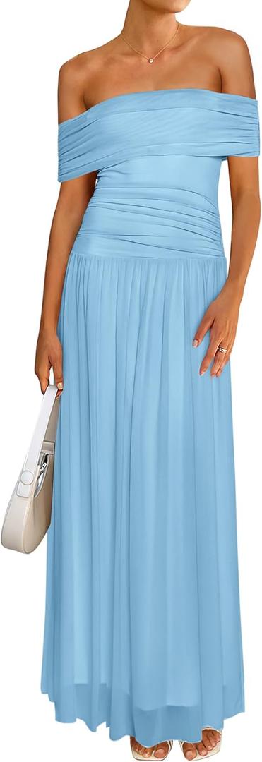 MASCOMODA Women Off The Shoulder Mesh Maxi Dress Bodycon Ruched Formal Sleeveless Pleated Cocktail Wedding Guest Long Dresses (Blue, L)