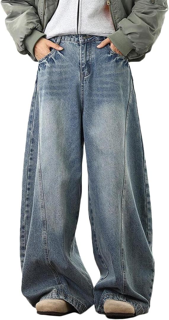 Nutriangee Men's Baggy Wide Leg Barrel Jeans Loose Fit Trendy Cutlass Streetwear Y2k Hip Hop Denim Pants (Blue)