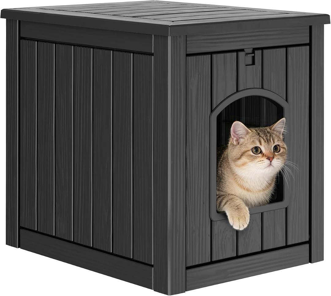 Cat Litter Box Enclosure, Enclosed Cat Litter Box Raised Floor, Openable Front Door Outdoor Cat House Weatherproof, Easy to Clean, Black