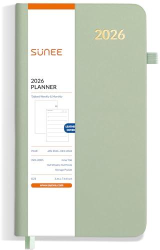 SUNEE 2026 Weekly and Monthly Planner 3.7" x 7.4" (January 2026-December 2026), Half Weekly Half Note, Tall & Slim Size Yearly Calendar Planner, Leather Hardcover, 100 GSM Paper, Inner Pocket, Green