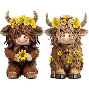 2 Pcs Highland Cow Figurines Decor Cow Gnomes with Sunflower Resin Statue Calf Lovers Gifts for Farmhouse Home Garden Bathroom Kitchen Office Tiered Tray Table Decor