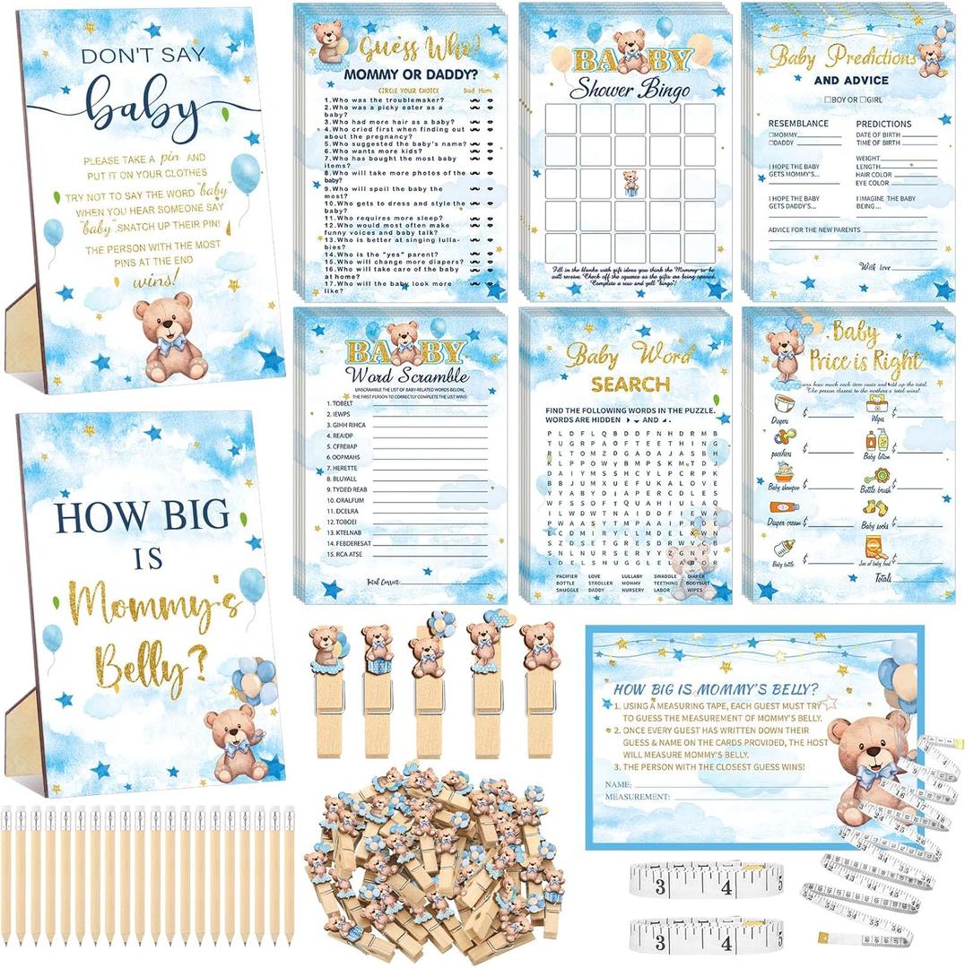 Funnymoom 426 Pcs Blue Theme Bear Baby Shower Decorations Games Set-8 Games Includes Bearly Wait Baby Shower Decorations Bingo Prediction and Advice How Big is Mommy's Belly Don't Say The Words