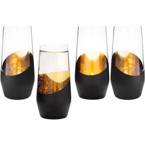 MyGift Set of 4 Black & Gold Stemless Champagne Flutes - 11 oz Wedding Party Glasses, Modern Barware for Sparkling Wine, Cocktails, Christmas Gifts (Elegant Home & Bridal Shower Essentials)