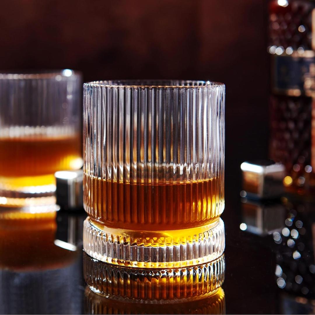 Ribbed Whiskey Glasses Set of 3, 12 Oz Lead-Free Crystal Heavy Base Barware Glass, Perfect for Bourbon Rocks Cocktail Scotch Drinking