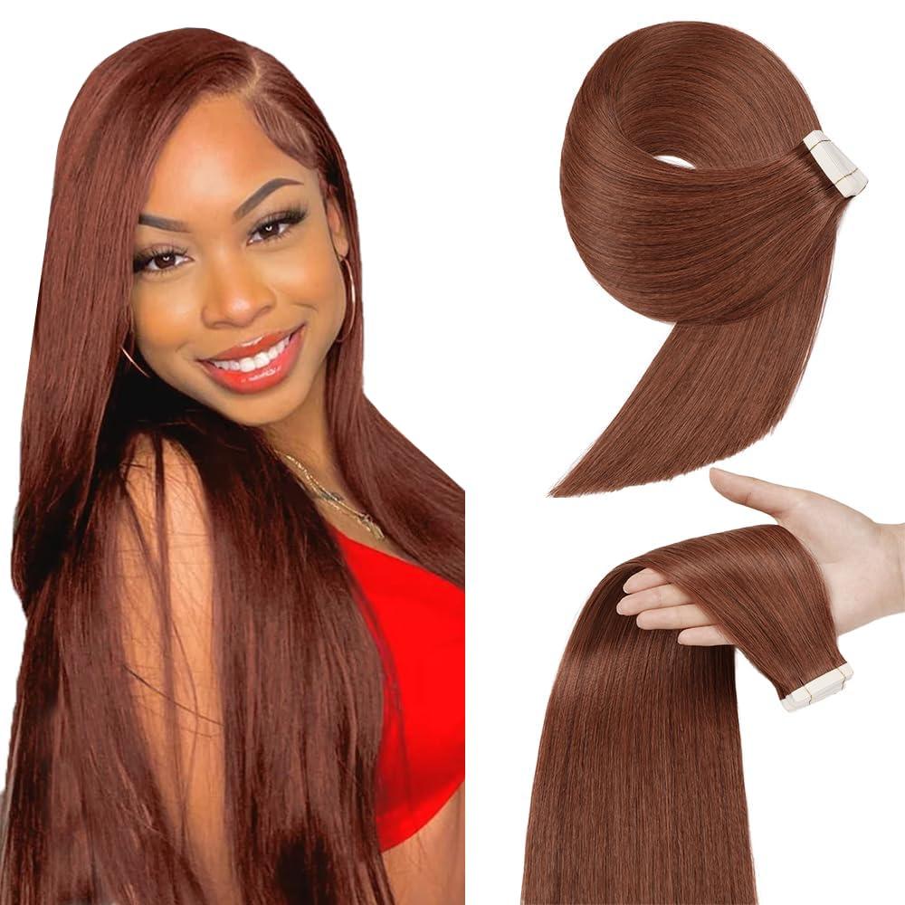 #33 Auburn Brown Tape in Extensions Human Hair 12 Inch Copper Red Straight Tape in Seamless Extensions Human Hair Skin Weft Seamless Invisible Unprocessed Virgin Remy Hair 45g 10 Pcs