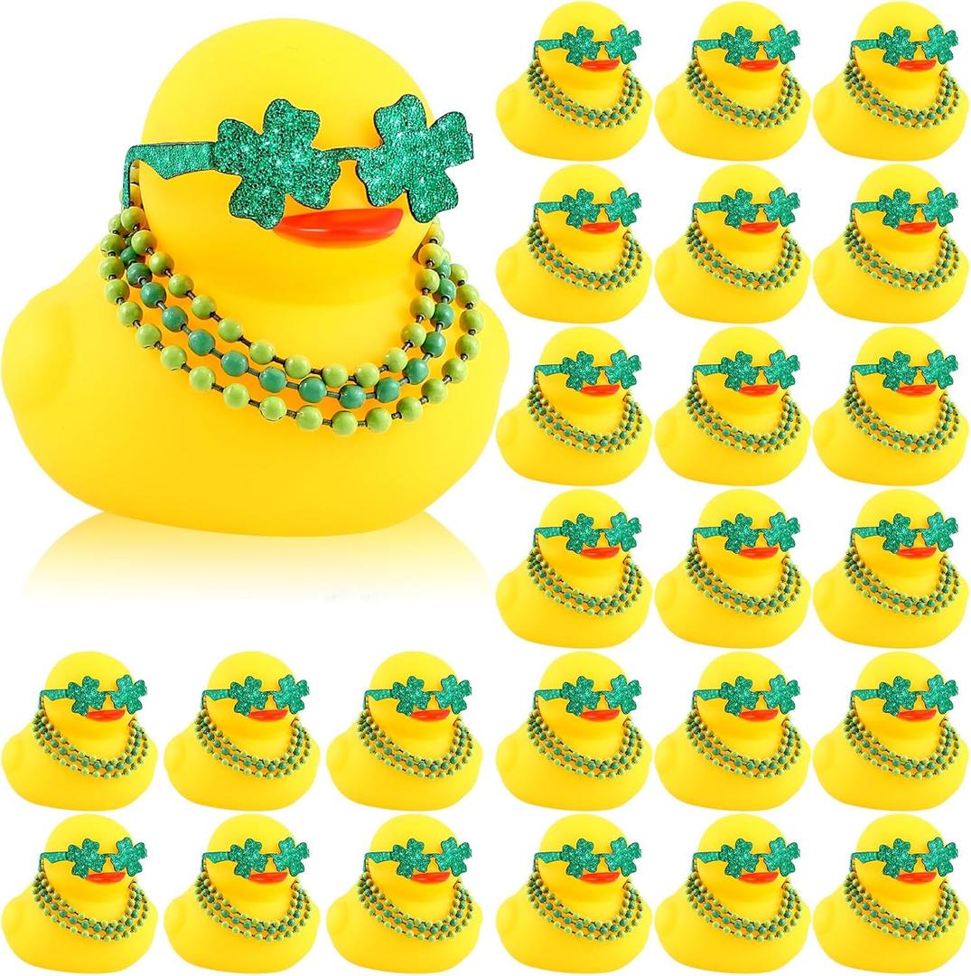 Lenwen 24 Pcs St. Patrick's Day Rubber Ducks Bulk 2.16" Small Car Duckies with Bead Necklace Glasses Holiday Duck Bath Toy for St. Patrick's Day Party Decors Supplies Gift