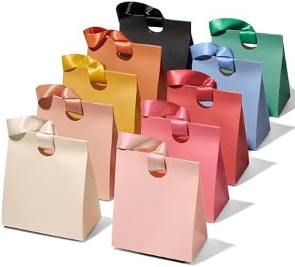 Vitalizart Paper Gift Bags With Ribbon Handles Set of 10 Assorted Colors Bulk Reusable For Gift Wrap Girls Kids Birthday Bridal Shower Party Favors Goodie Bags Candy 8.07" x 4.72" x 9.84", Medium Size