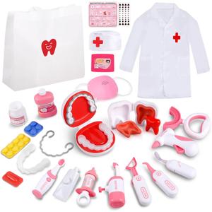 Dentist Play Set for Kids Ages 3-8, 26PCS Realistic Pretend Dental Toy Kit with Teeth Cleaning Tools, Doctor Costume & Learning Guide. STEM Educational Toys, Toddler Medical Kit for Boys & Girls Gifts