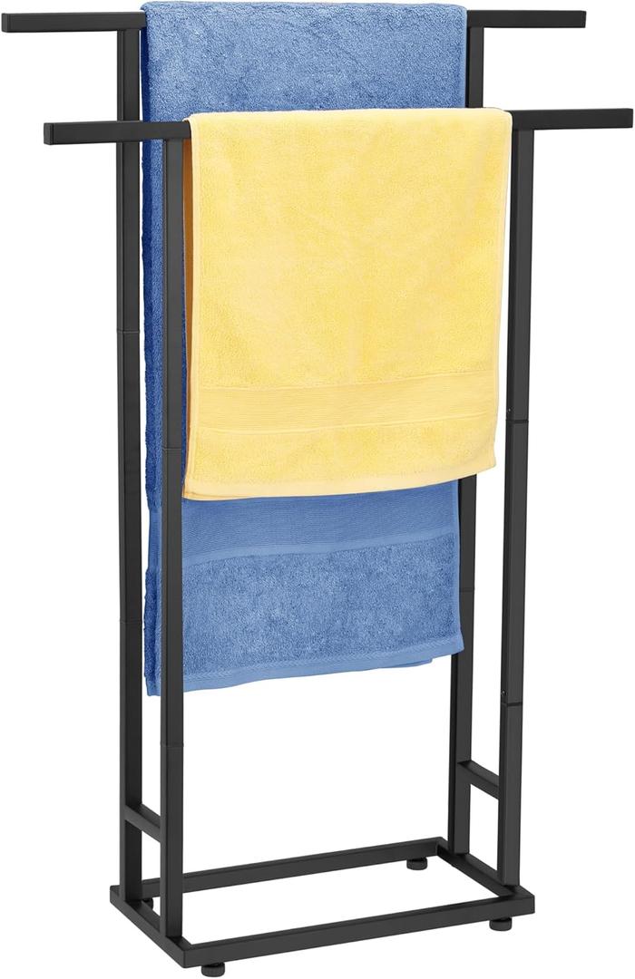 Standing Towel Racks for Bathroom, 2 Tier Bathroom Floor Free Standing Towel Rack, Tall Enough Pool Bath Drying and Dispaly Outdoor Stand for Storage, Black Freestanding Blanket Holder, ALHAKIN Standing Towel Racks for Bathroom, 2 Tier Bathroom Floor Free Standing Towel Rack, Tall Enough Pool Bath Drying and Dispaly Outdoor Stand for Storage, Black Freestanding Blanket Holder, ALHAKIN