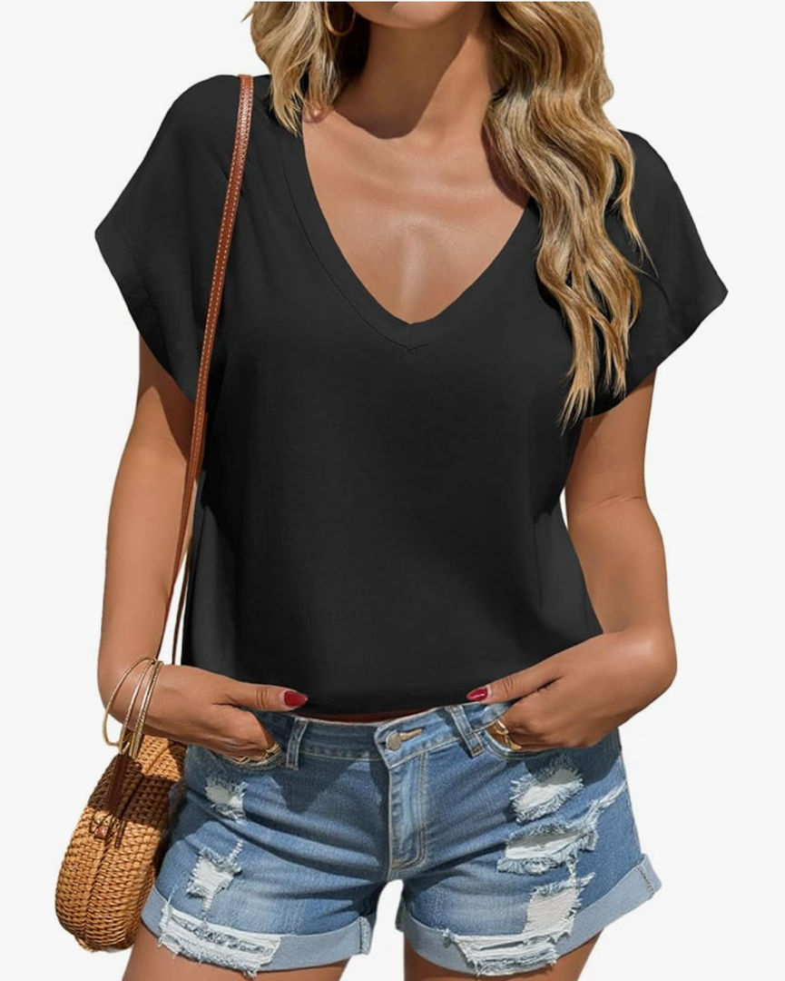 ForHailey Womens Cropped Deep V Neck T Shirts Summer Casual Short Cap Sleeve Tops Loose Fit Basic Tee, Size 2XL