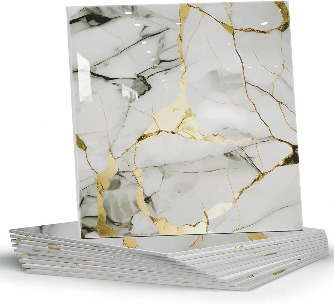 10 Sheets Marble Peel and Stick Backsplash Tile, 12"x12" Waterproof PVC Self Adhesive Tile Shower Wall Panels for Bathroom, Kitchen, Living Room (Gold White)