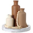 5 Pcs Rustic Country Tabletop Centerpieces Decor Set of 3 Boho Ceramic Vases with Wooden Serving Tray Wood Bead Garland Tassels Table Holder for Home Decorations (Brown)