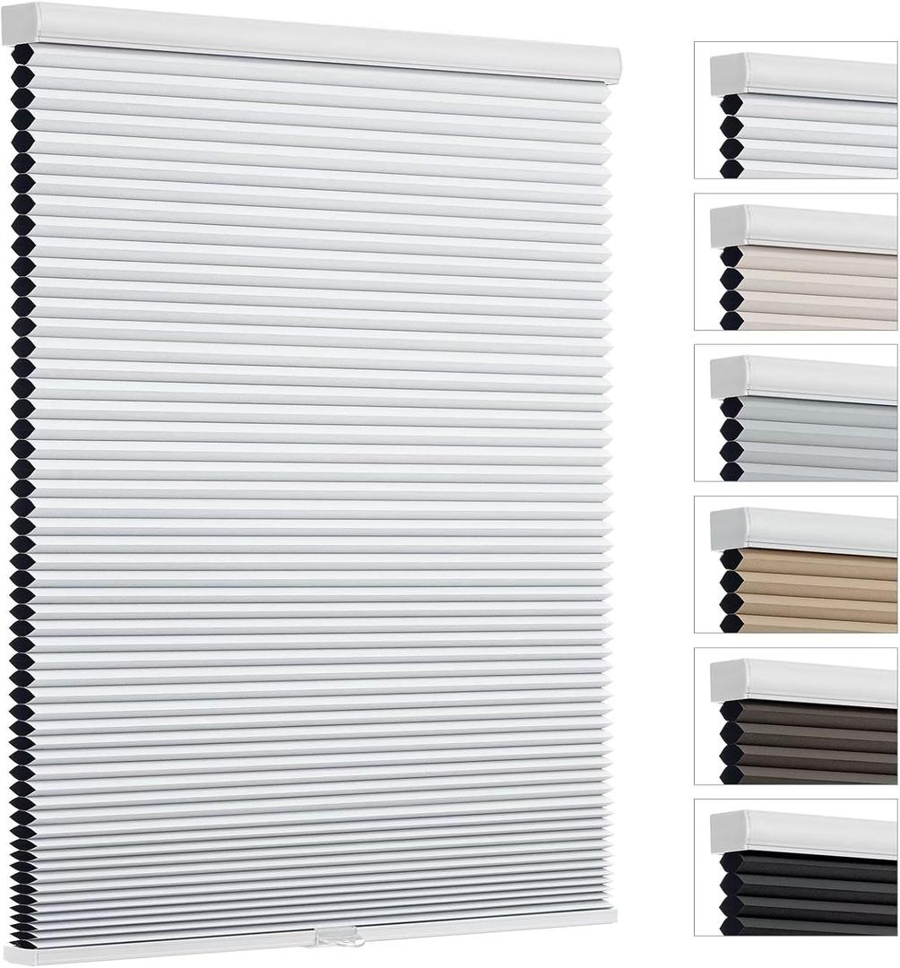 Cordless Cellular Shades, Blackout Room Darkening Black Out Honeycomb Blinds for Indoor Windows Bedroom, Pull Down Pleated Accordion Blind Easy Install, Shade Size 25" Wx64 H, White