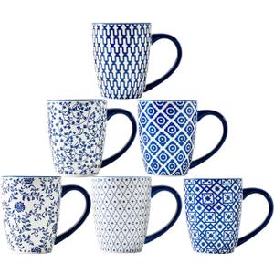 Ceramic Coffee Mugs Set - 16 Oz Large Porcelain Tea Cups with Handle for Men Women Latte Cocoa Cappuccino - Christmas Housewarming Gift - Dishwasher Safe - Set of 6 - Vintage Blue