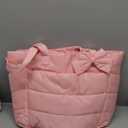 CTWWFS Puffer Tote Bag for Women, Quilted Bow Tote Bag with Cup Holder & 15.6 In Laptop Compartment, Lightweight Puffy Shoulder Bag with Zipper for Work, Travel, Gym, College (Dark Pink)