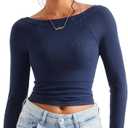 SUUKSESS Women Spring Modal Ribbed Top Boat Neck Long Sleeve Shirts Basic Going Out T Shirts (Large, Navy Blue)