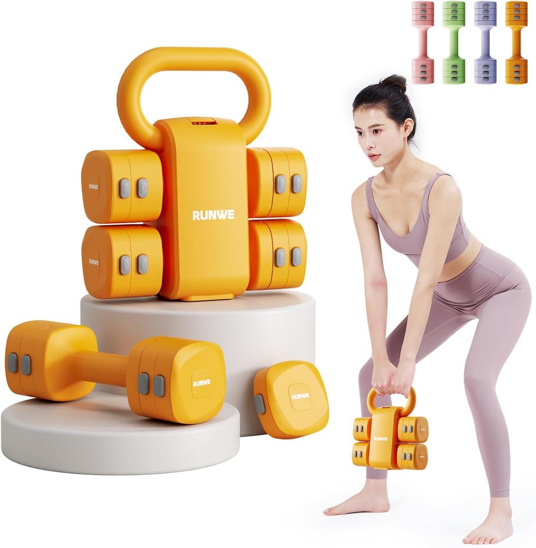 Lightweight Adjustable Dumbbell Kettlebell Set - 4 in 1 Free Weight Set with Kettlebell Grip Converter, Each 2.2 3.3 4.4 5.5lb Quick Change Weight Women Dumbbell Set for Small Spaces Home Gym, Orange 