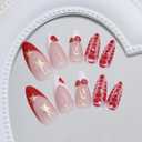 Red French Tip Press on Nails Almond Medium Fake Nails 3D Gold Star False Nails with Cherry Alligator Pattern Designs Stick on Nail Cute Valentine Acrylic Glue on Nail for Women Girls 24PCS