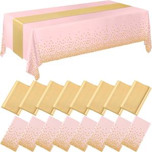 Tudomro 16 Pieces Pink and Gold Disposable Plastic Tablecloths and Satin Table Runner Set 54x108 Inch Tablecloth 12x108 Inch Table Runners for New Year Wedding Birthday Baby Shower Graduation