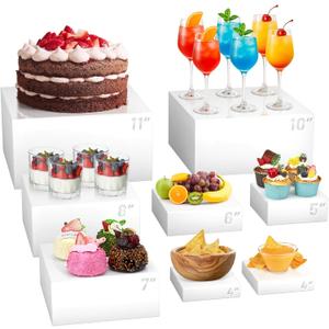 8 Pcs Buffet Food Risers,11*11" Large Acrylic Dessert Cupcake Table Stands White Fruit Display Shelf Catering Supplies Party Jewelry Show Decor Risers Cube Box Nesting with Hollow Bottoms 7 Sizes