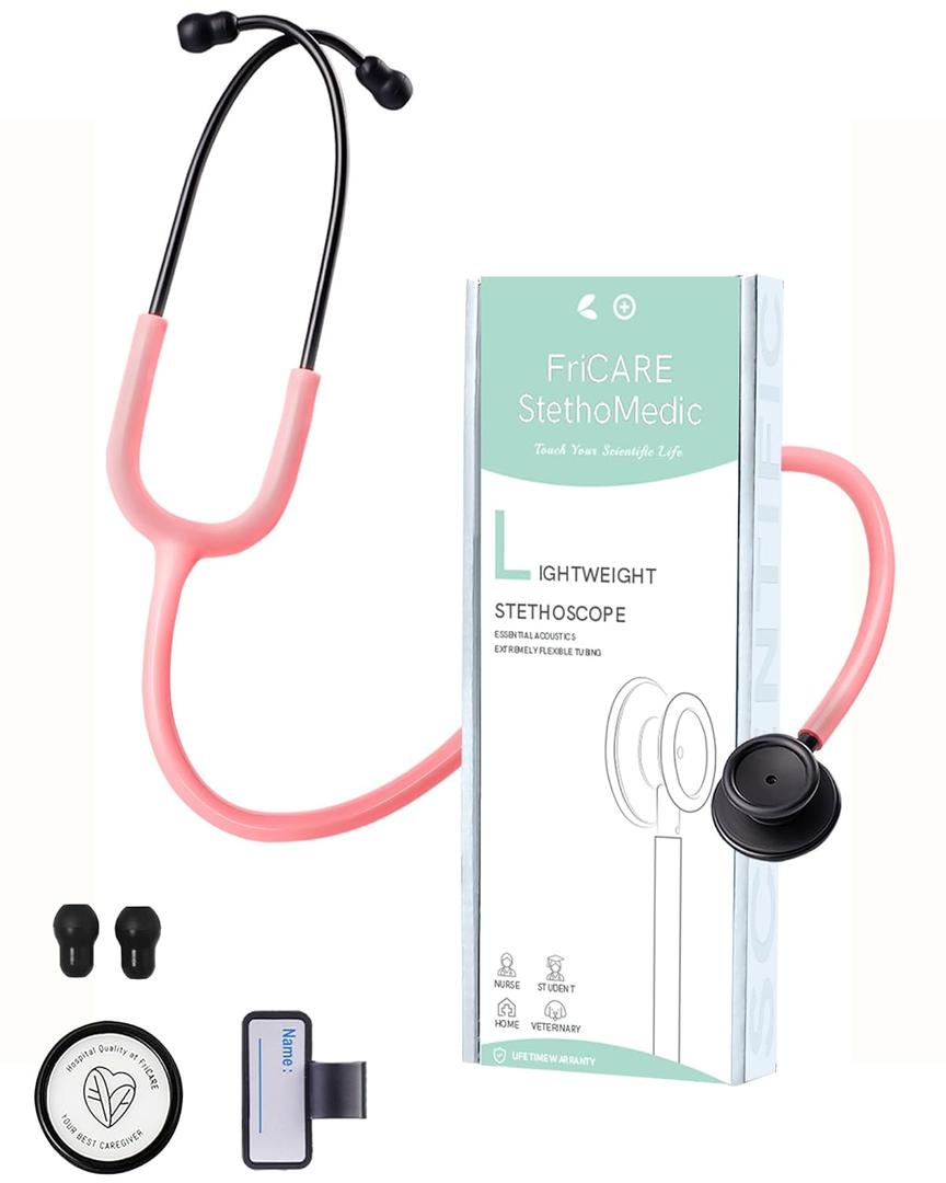 FriCARE Dual Head Stethoscope - Stethoscopes for Nurses, Medical Nursing Students, Paramedics/EMT/LVN/VNA Backup - FSA/HSA Eligible Estetoscopio, Aurora Pink Tube Matte Black Finish Chestpiece
