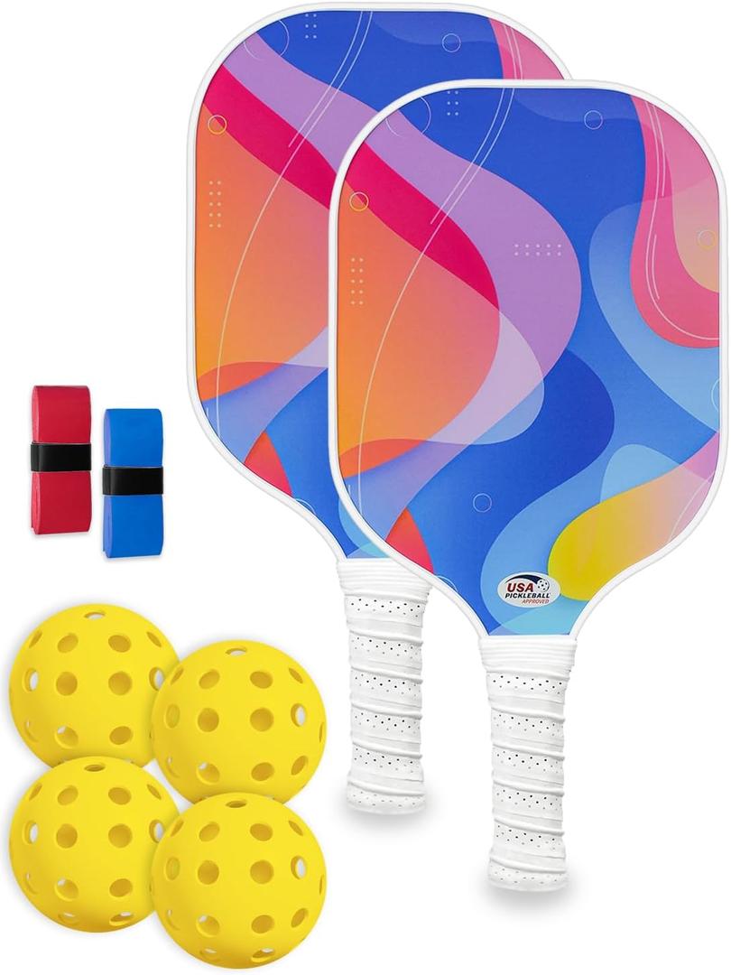 Pickleball Paddles Set of 2 with 4 Balls - USAPA Approved Fiberglass Surface, Lightweight, Non-Slip Grip - Premium Paddle Set for All Skill Levels Indoor & Outdoor (Sky Blue)